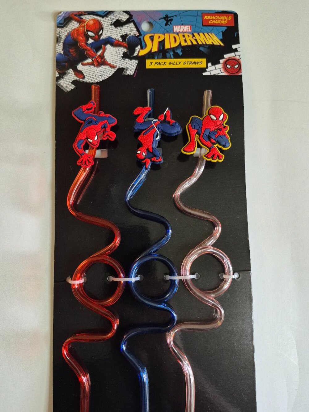Spiderman 3 Pack Silly Reusable Straws Removable Charms, 3+, NEW